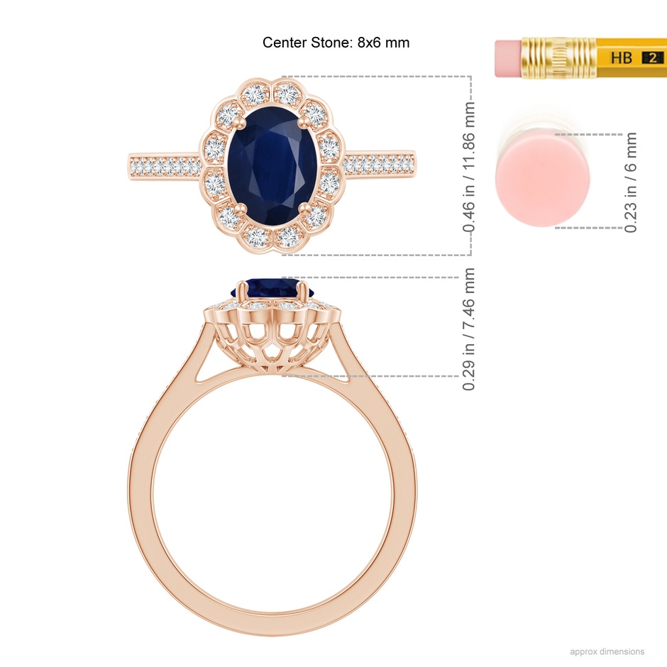 8x6mm A Vintage Style Sapphire & Diamond Scalloped Halo Ring in 18K Rose Gold ruler