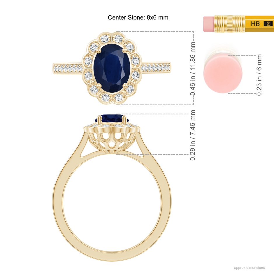 8x6mm A Vintage Style Sapphire & Diamond Scalloped Halo Ring in Yellow Gold ruler