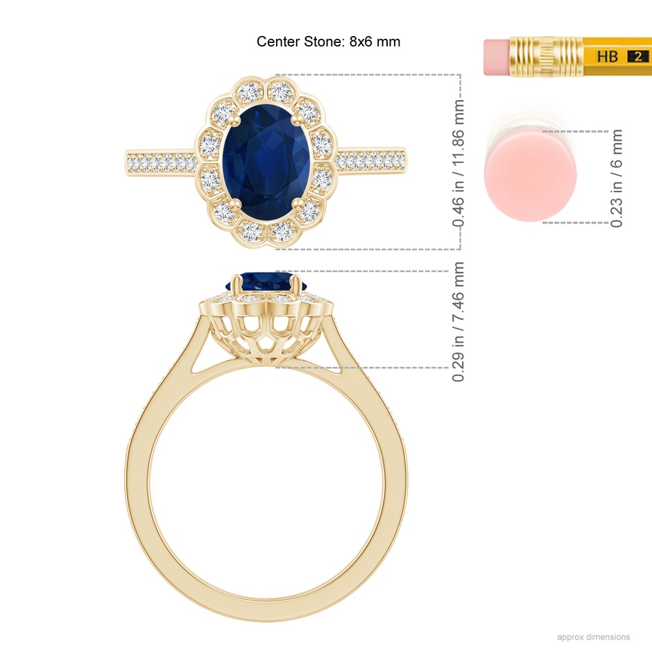 8x6mm AA Vintage Style Sapphire & Diamond Scalloped Halo Ring in 18K Yellow Gold ruler