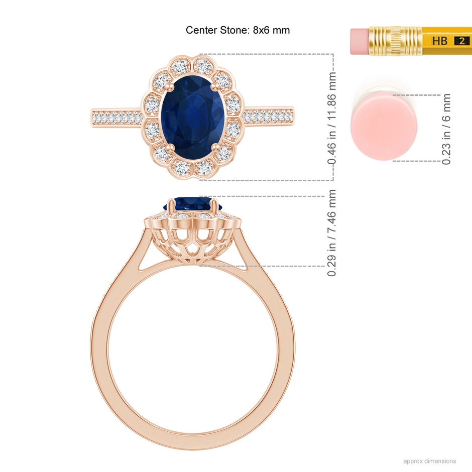 8x6mm AA Vintage Style Sapphire & Diamond Scalloped Halo Ring in Rose Gold ruler
