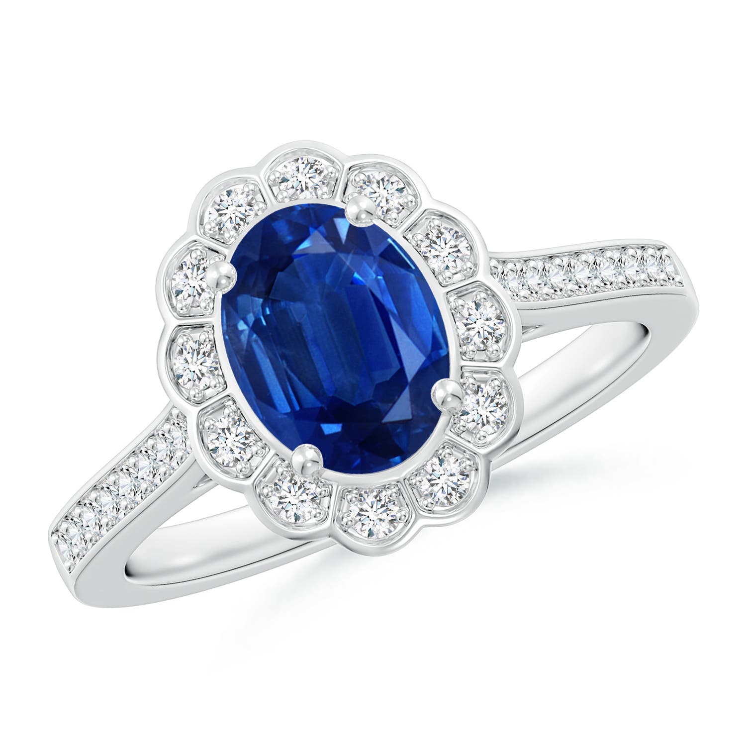 8x6mm AAA Vintage Style Sapphire & Diamond Scalloped Halo Ring in 18K White Gold