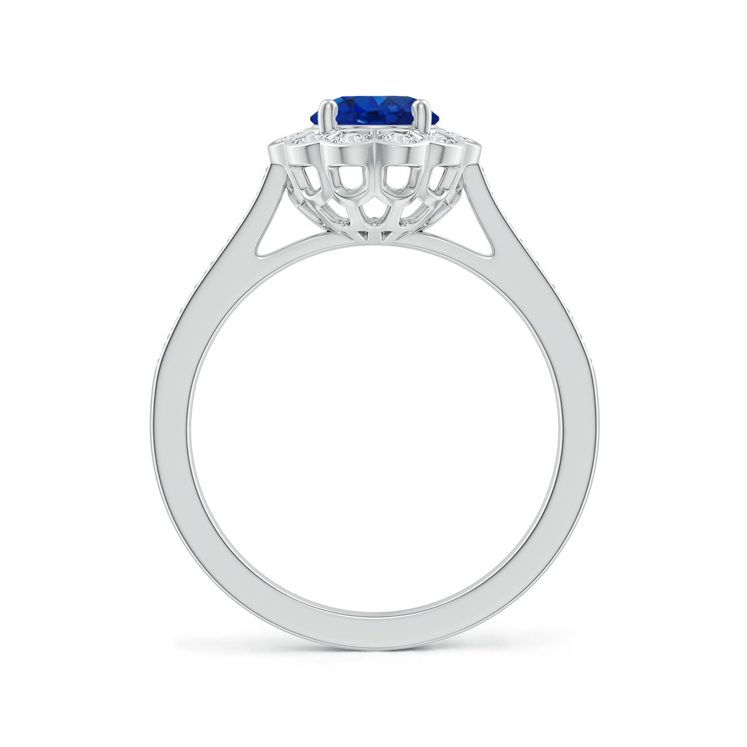 8x6mm AAA Vintage Style Sapphire & Diamond Scalloped Halo Ring in 18K White Gold