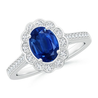 8x6mm AAA Vintage Style Sapphire & Diamond Scalloped Halo Ring in P950 Platinum