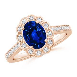 8x6mm AAAA Vintage Style Sapphire & Diamond Scalloped Halo Ring in 10K Rose Gold