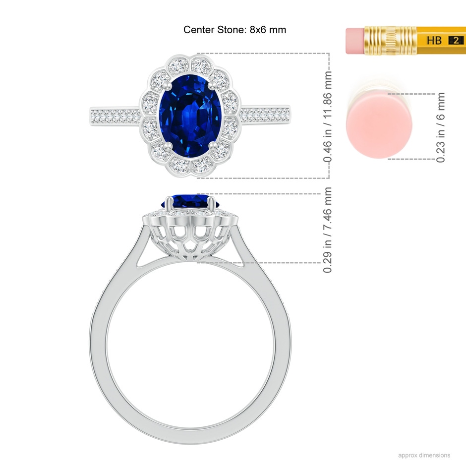 8x6mm AAAA Vintage Style Sapphire & Diamond Scalloped Halo Ring in White Gold ruler