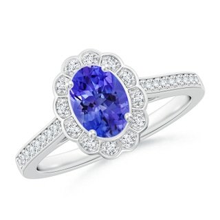 7x5mm AAA Vintage Style Tanzanite & Diamond Scalloped Halo Ring in 9K White Gold