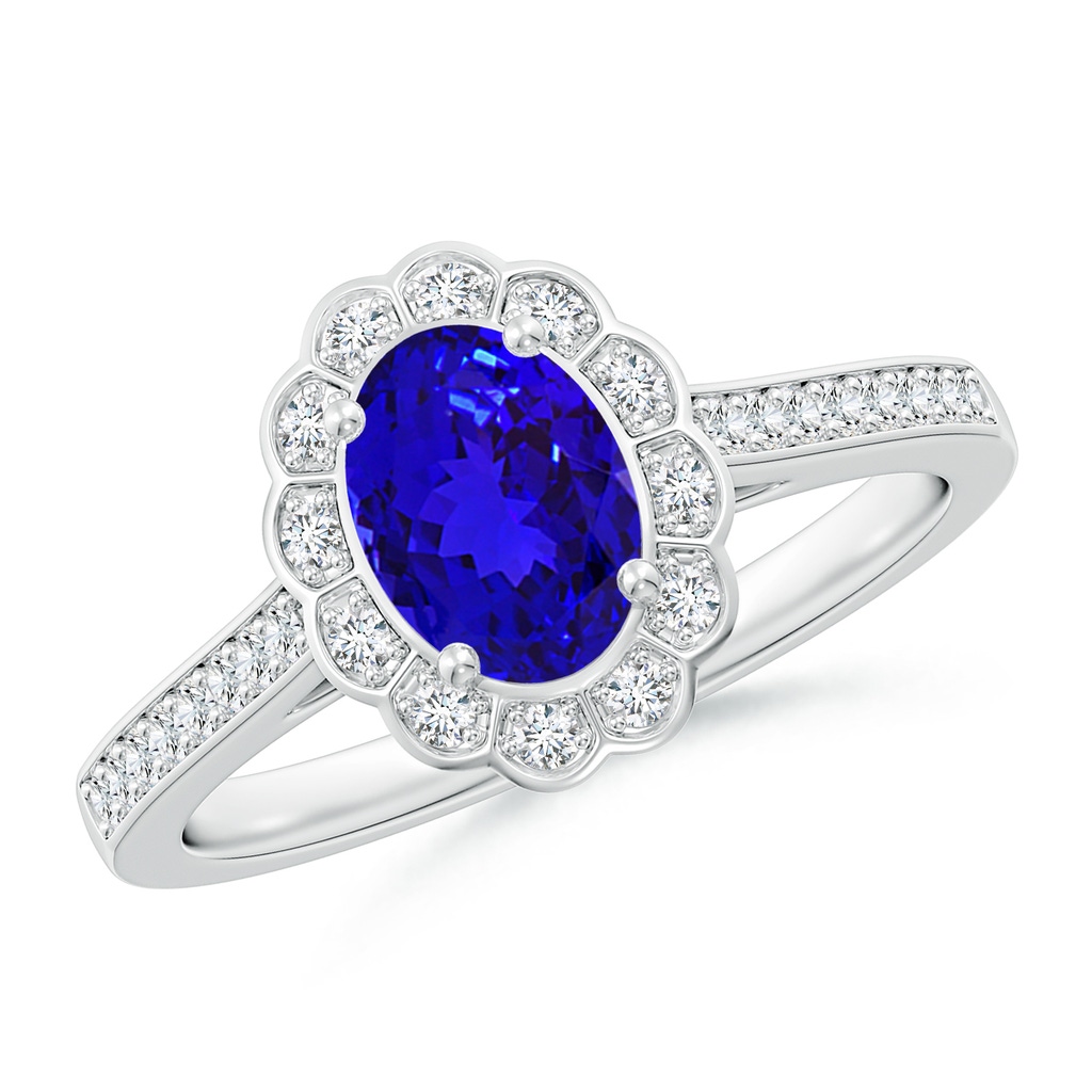 7x5mm AAAA Vintage Style Tanzanite & Diamond Scalloped Halo Ring in White Gold