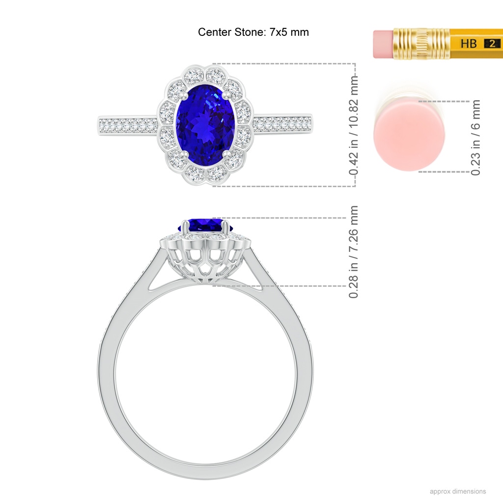 7x5mm AAAA Vintage Style Tanzanite & Diamond Scalloped Halo Ring in White Gold ruler