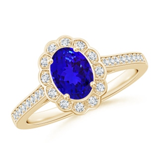 7x5mm AAAA Vintage Style Tanzanite & Diamond Scalloped Halo Ring in Yellow Gold