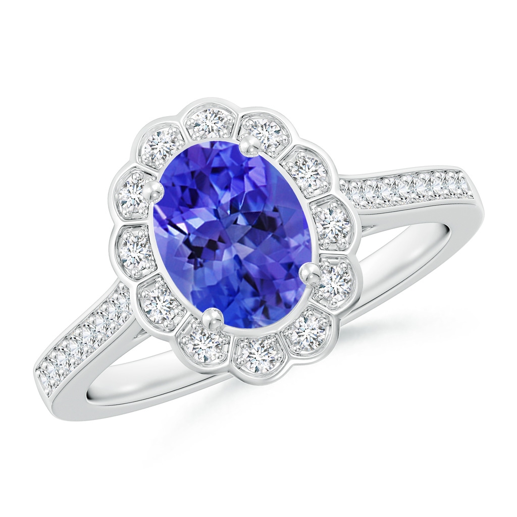 8x6mm AAA Vintage Style Tanzanite & Diamond Scalloped Halo Ring in White Gold