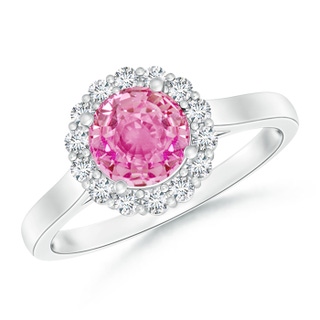 6.5mm AA Vintage Inspired Pink Sapphire Halo Ring with Diamonds in White Gold
