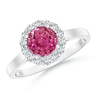 6.5mm AAAA Vintage Inspired Pink Sapphire Halo Ring with Diamonds in White Gold