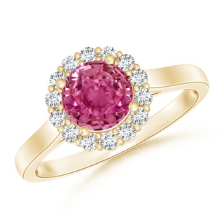6.5mm AAAA Vintage Inspired Pink Sapphire Halo Ring with Diamonds in Yellow Gold
