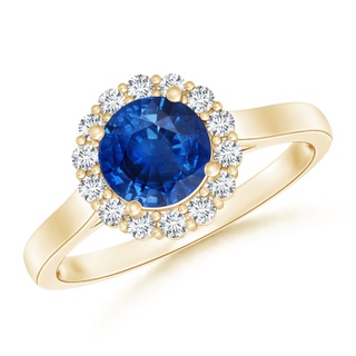 6.5mm AAA Vintage Inspired Blue Sapphire Halo Ring with Diamond in Yellow Gold