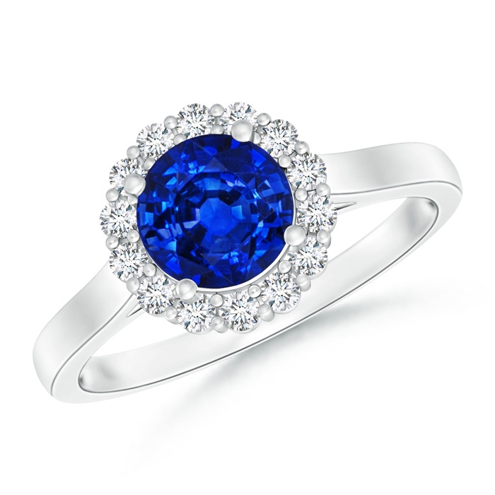 6.5mm Lab-Grown Vintage Inspired Blue Sapphire Halo Ring with Diamond in White Gold