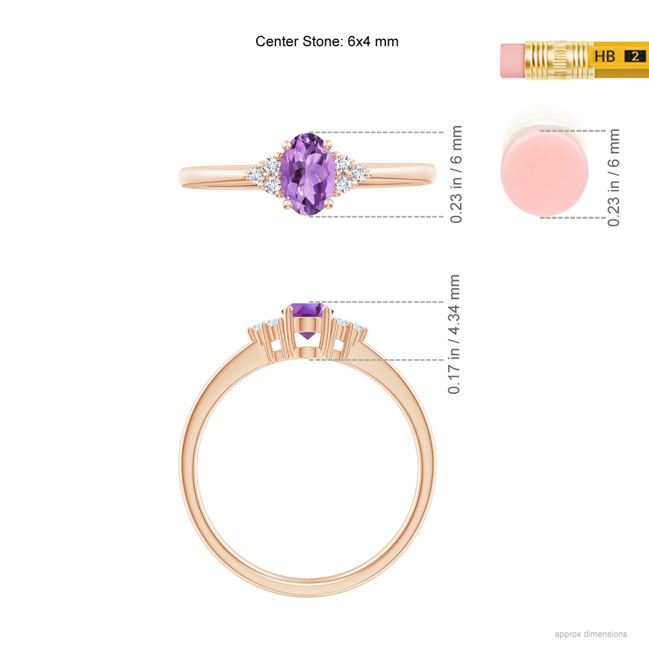 6x4mm A Solitaire Oval Amethyst Ring with Trio Diamond Accents in Rose Gold ruler