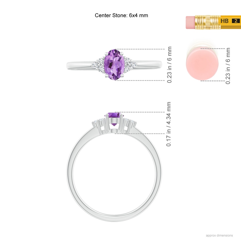 6x4mm A Solitaire Oval Amethyst Ring with Trio Diamond Accents in White Gold ruler