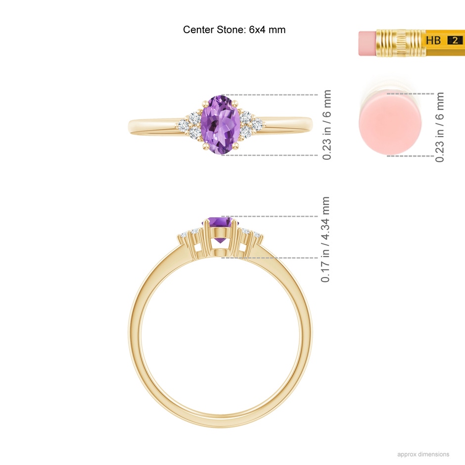 6x4mm A Solitaire Oval Amethyst Ring with Trio Diamond Accents in Yellow Gold ruler
