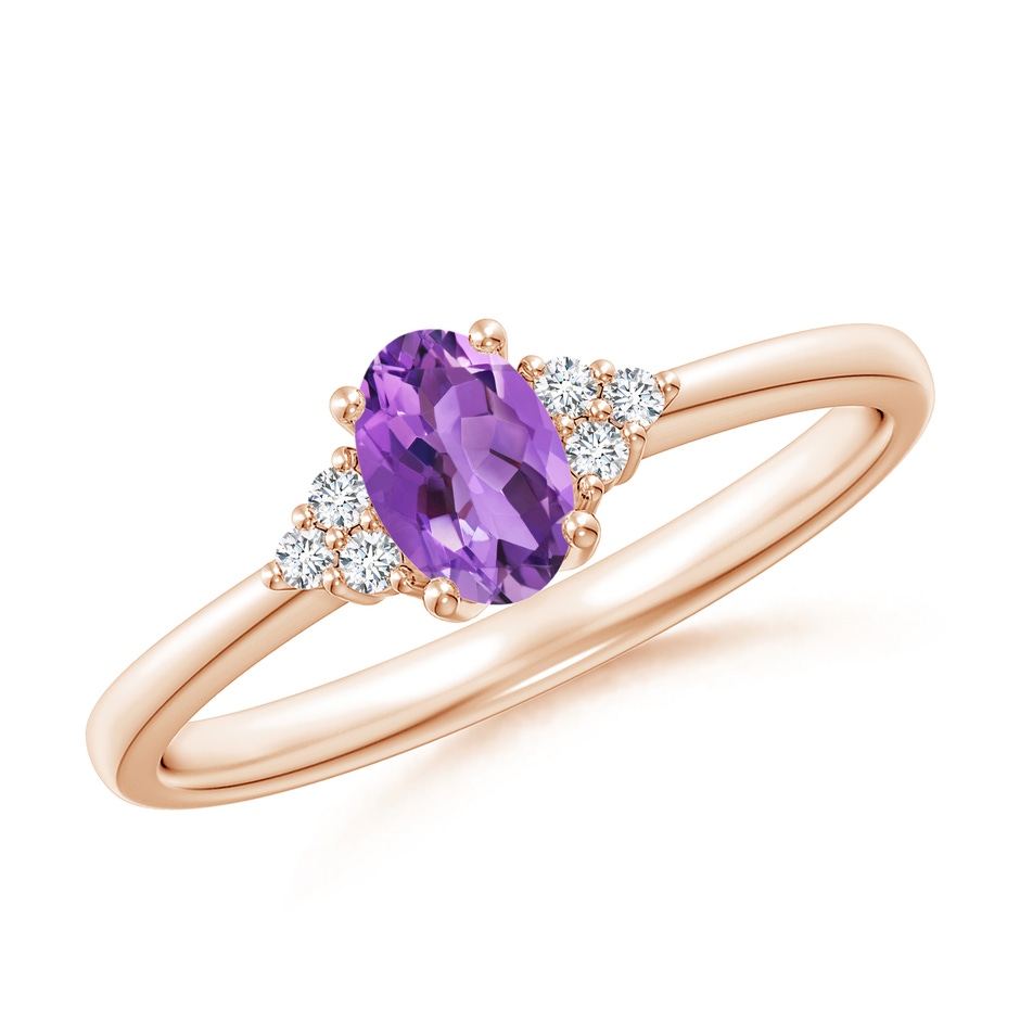 6x4mm AA Solitaire Oval Amethyst Ring with Trio Diamond Accents in Rose Gold 