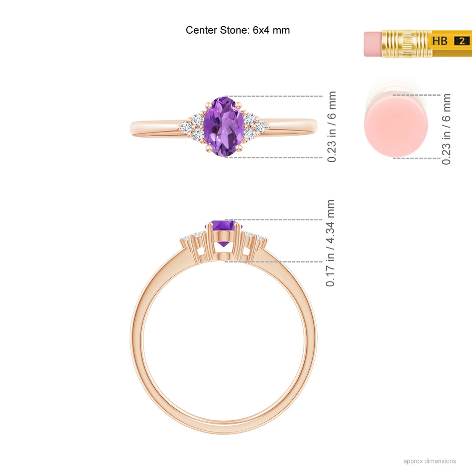 6x4mm AA Solitaire Oval Amethyst Ring with Trio Diamond Accents in Rose Gold ruler
