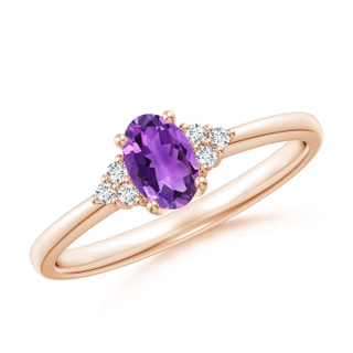 6x4mm AAA Solitaire Oval Amethyst Ring with Trio Diamond Accents in 9K Rose Gold