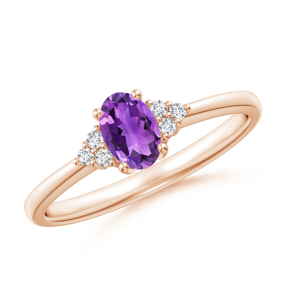 6x4mm AAA Solitaire Oval Amethyst Ring with Trio Diamond Accents in Rose Gold 