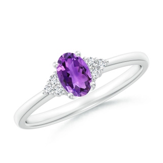 6x4mm AAA Solitaire Oval Amethyst Ring with Trio Diamond Accents in White Gold