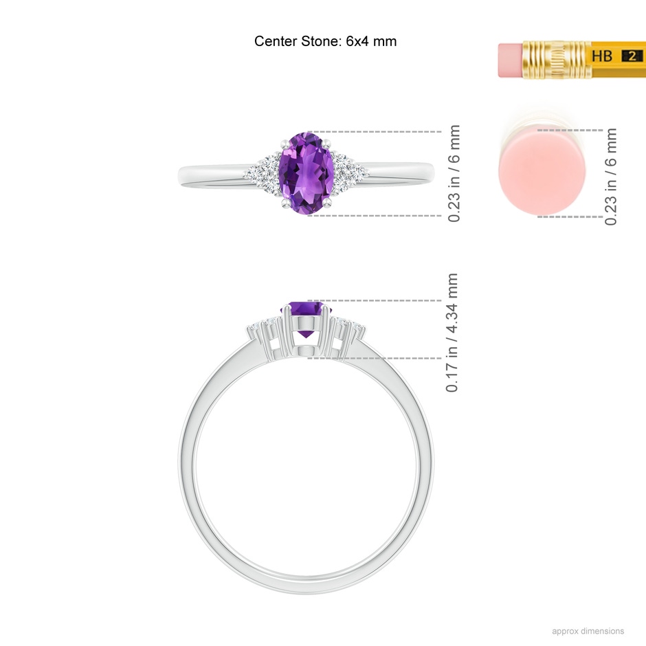 6x4mm AAA Solitaire Oval Amethyst Ring with Trio Diamond Accents in White Gold ruler