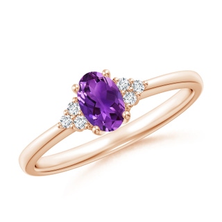 6x4mm AAAA Solitaire Oval Amethyst Ring with Trio Diamond Accents in 9K Rose Gold