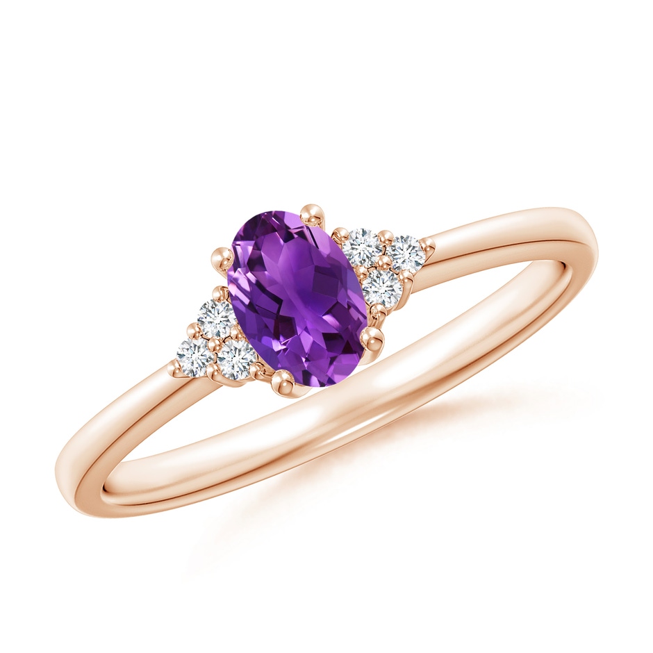 6x4mm AAAA Solitaire Oval Amethyst Ring with Trio Diamond Accents in Rose Gold 