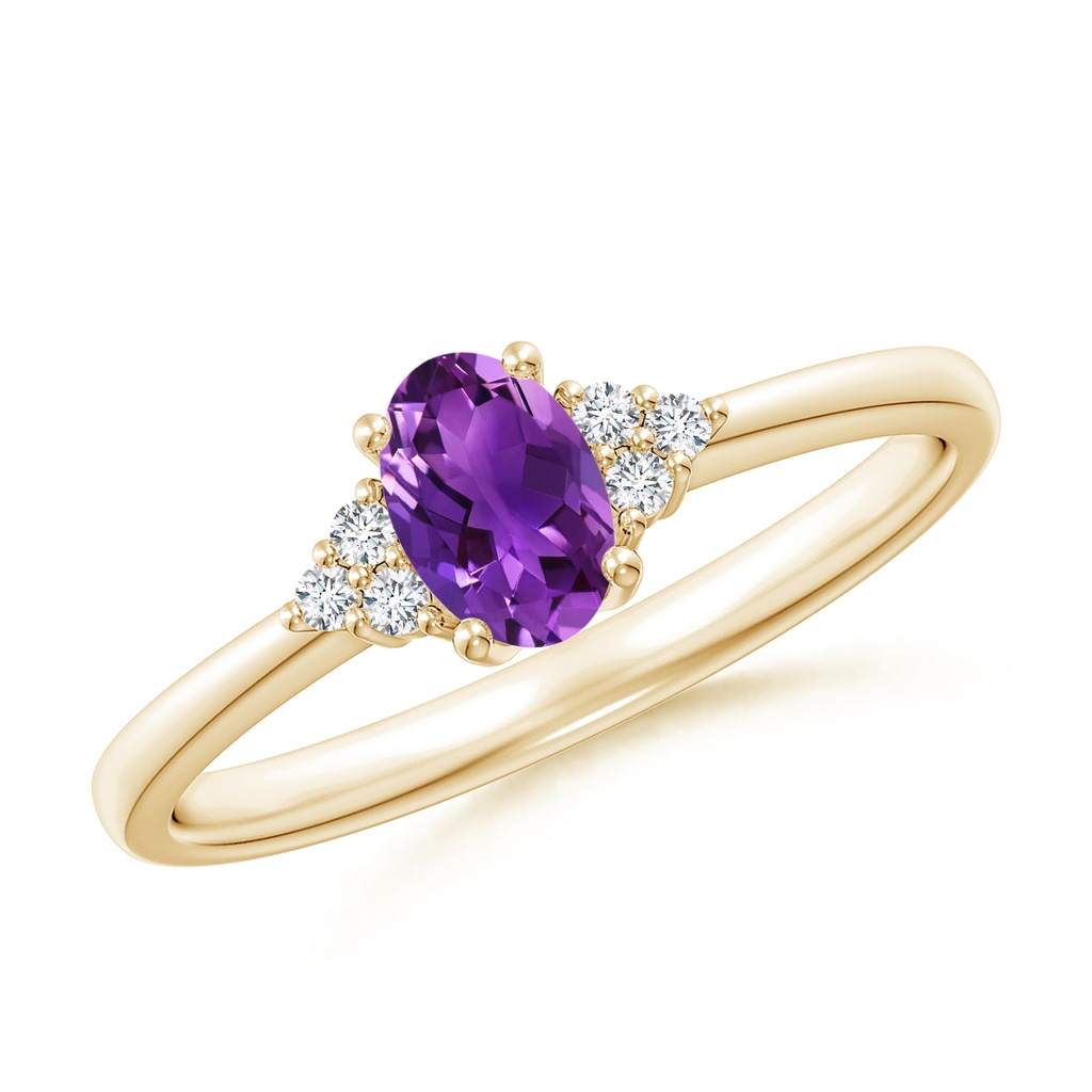 6x4mm AAAA Solitaire Oval Amethyst Ring with Trio Diamond Accents in Yellow Gold