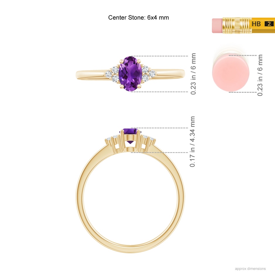 6x4mm AAAA Solitaire Oval Amethyst Ring with Trio Diamond Accents in Yellow Gold ruler
