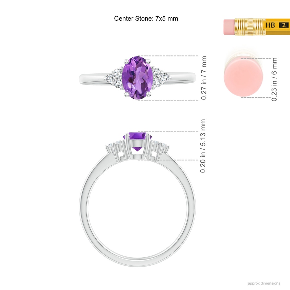 7x5mm AA Solitaire Oval Amethyst Ring with Trio Diamond Accents in P950 Platinum ruler