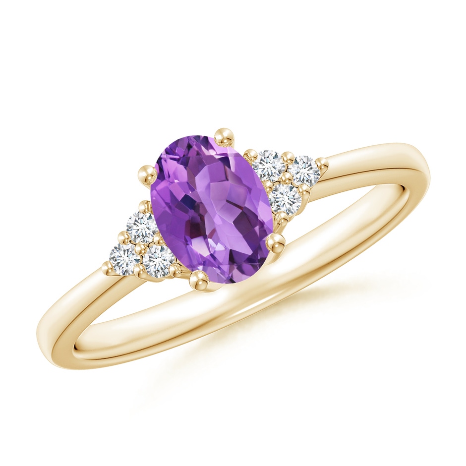 7x5mm AA Solitaire Oval Amethyst Ring with Trio Diamond Accents in Yellow Gold 