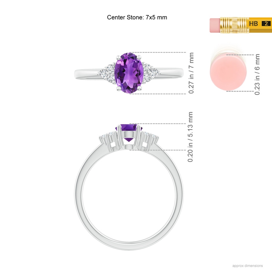 7x5mm AAA Solitaire Oval Amethyst Ring with Trio Diamond Accents in P950 Platinum ruler