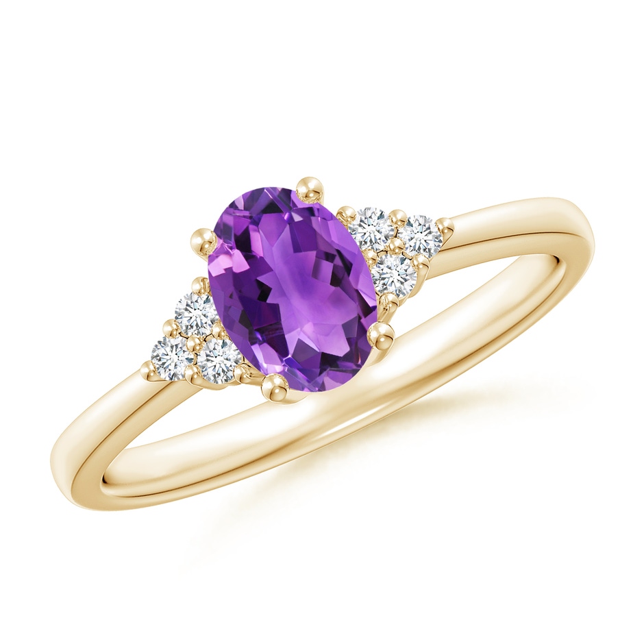 7x5mm AAA Solitaire Oval Amethyst Ring with Trio Diamond Accents in Yellow Gold 
