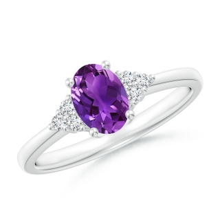 7x5mm AAAA Solitaire Oval Amethyst Ring with Trio Diamond Accents in P950 Platinum
