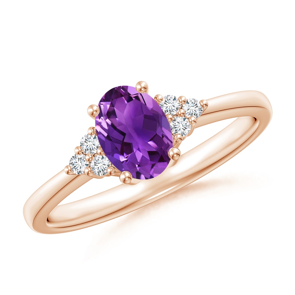 7x5mm AAAA Solitaire Oval Amethyst Ring with Trio Diamond Accents in Rose Gold 