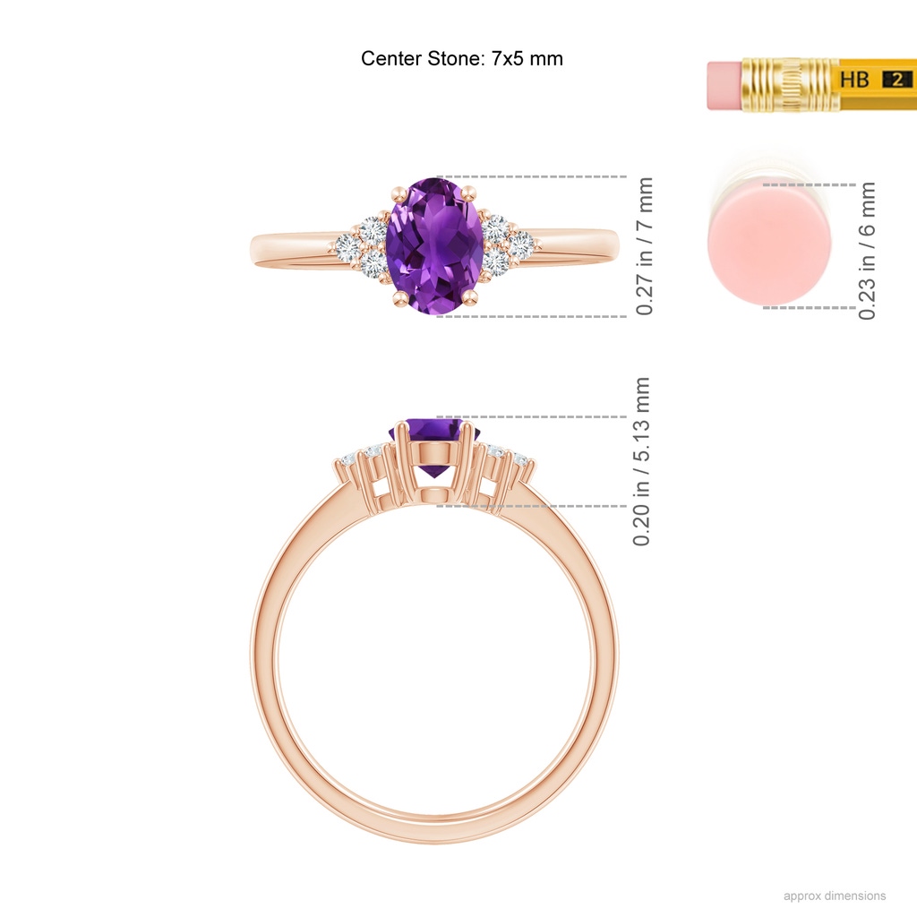 7x5mm AAAA Solitaire Oval Amethyst Ring with Trio Diamond Accents in Rose Gold Ruler