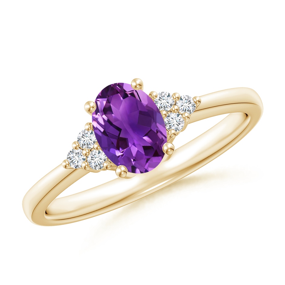 7x5mm AAAA Solitaire Oval Amethyst Ring with Trio Diamond Accents in Yellow Gold 