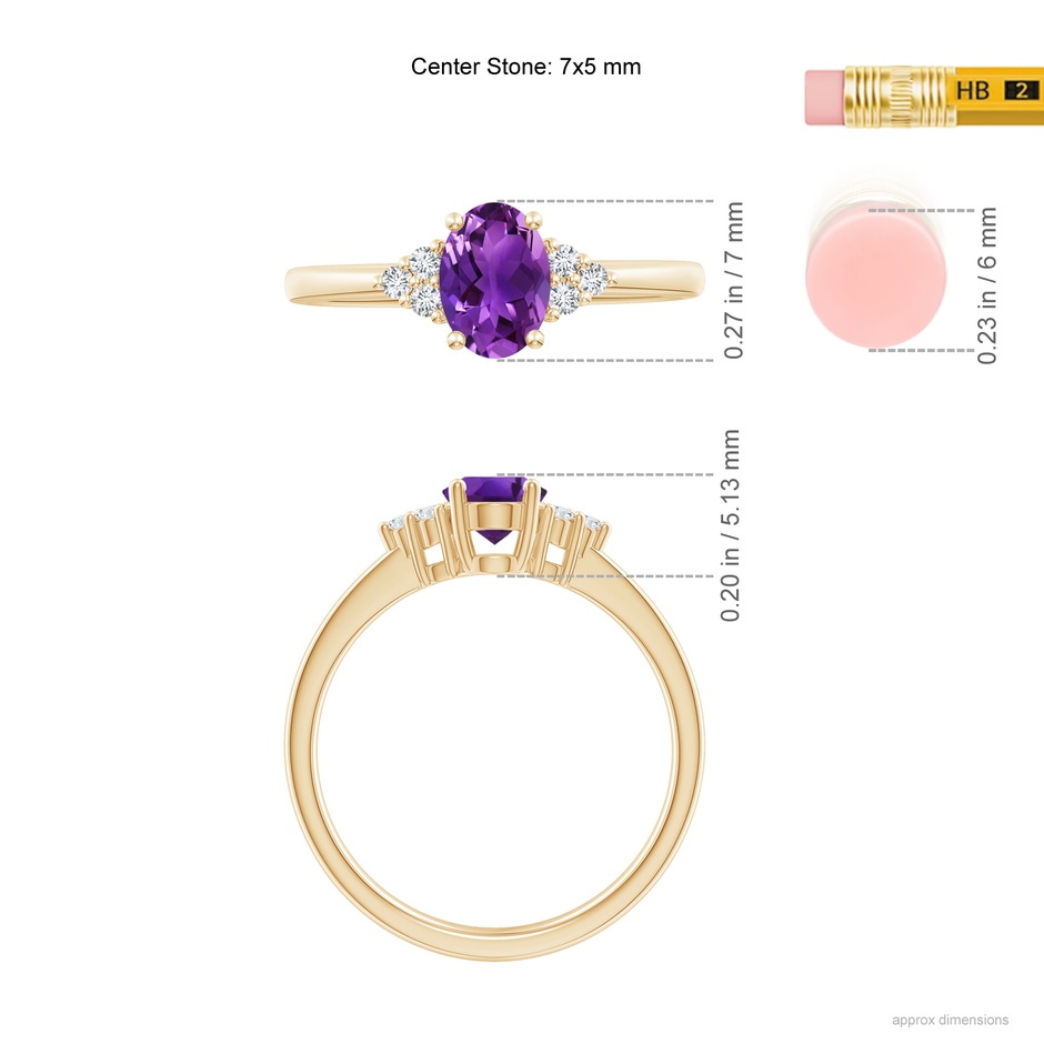 7x5mm AAAA Solitaire Oval Amethyst Ring with Trio Diamond Accents in Yellow Gold ruler