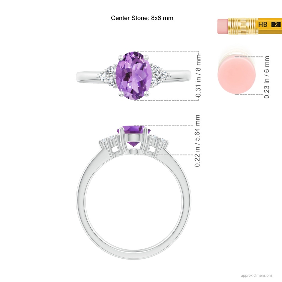 8x6mm A Solitaire Oval Amethyst Ring with Trio Diamond Accents in White Gold ruler