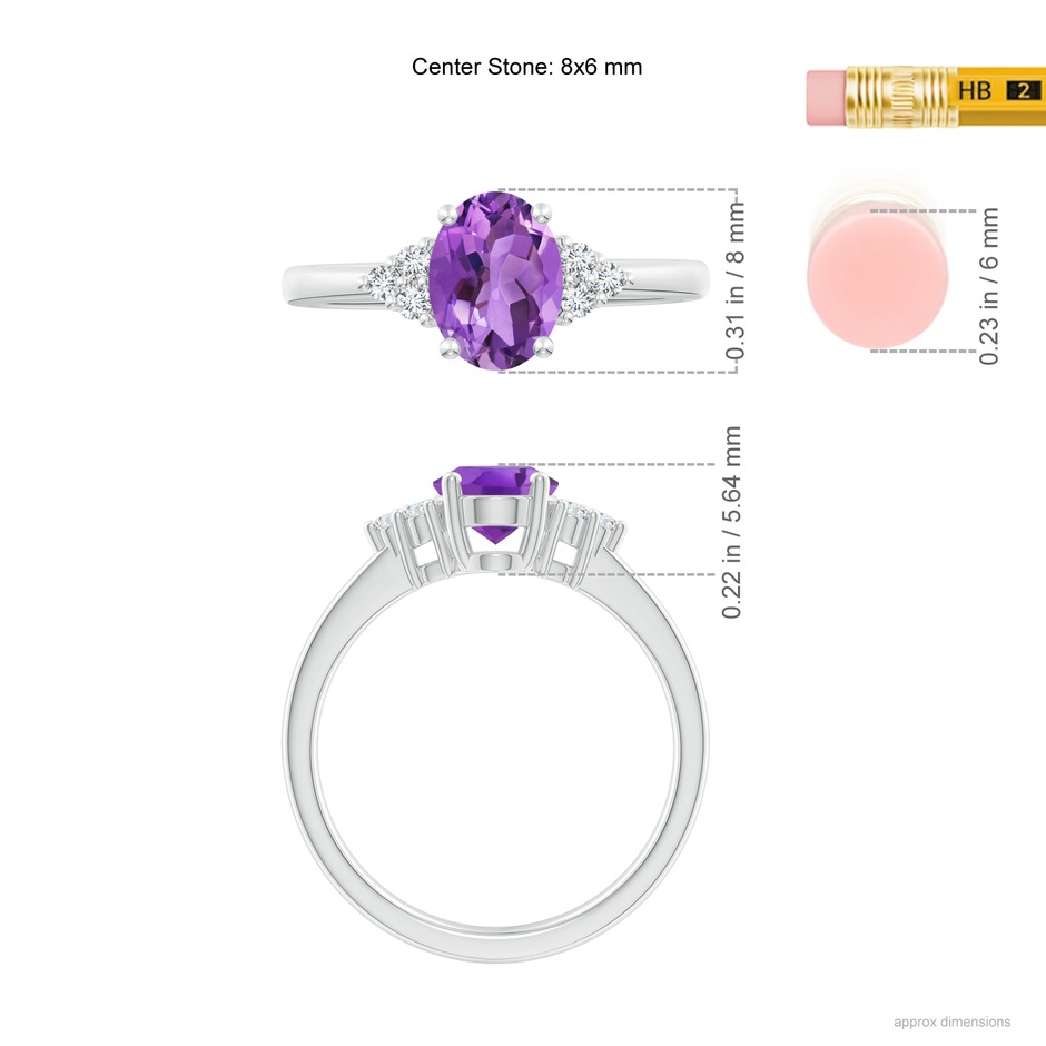 8x6mm AA Solitaire Oval Amethyst Ring with Trio Diamond Accents in P950 Platinum ruler