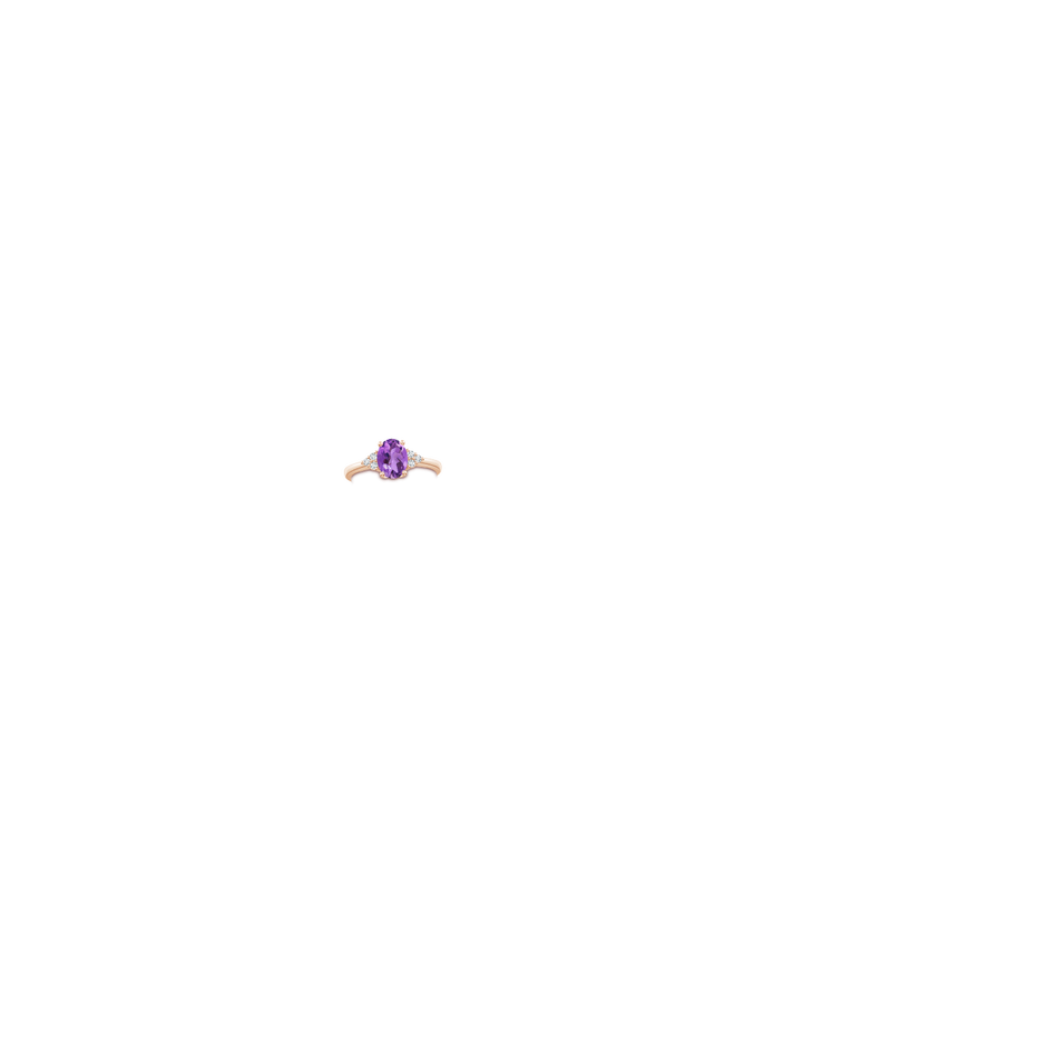 8x6mm AA Solitaire Oval Amethyst Ring with Trio Diamond Accents in Rose Gold body-hand
