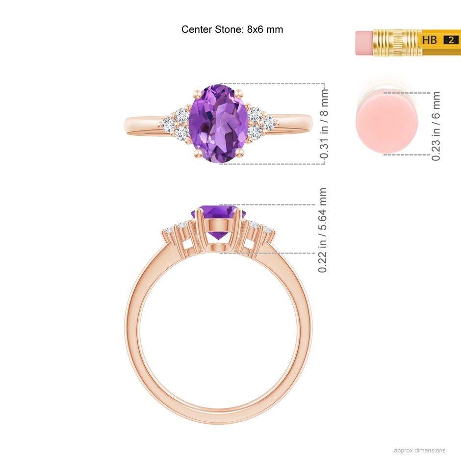 8x6mm AA Solitaire Oval Amethyst Ring with Trio Diamond Accents in Rose Gold ruler