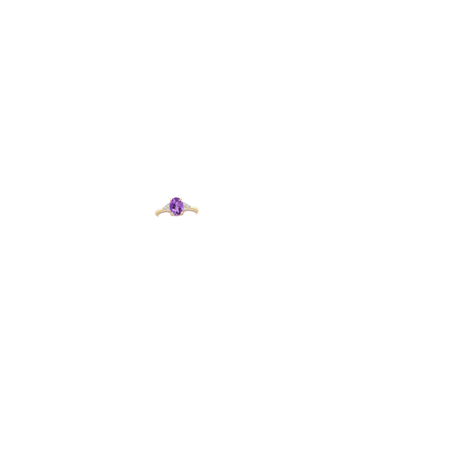 8x6mm AA Solitaire Oval Amethyst Ring with Trio Diamond Accents in Yellow Gold body-hand