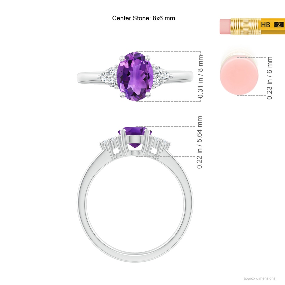 8x6mm AAA Solitaire Oval Amethyst Ring with Trio Diamond Accents in P950 Platinum ruler