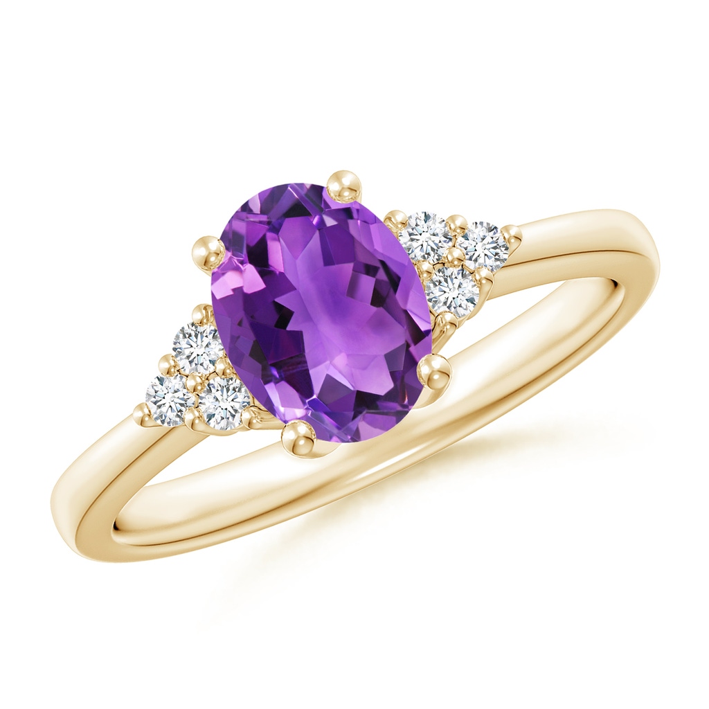 8x6mm AAA Solitaire Oval Amethyst Ring with Trio Diamond Accents in Yellow Gold