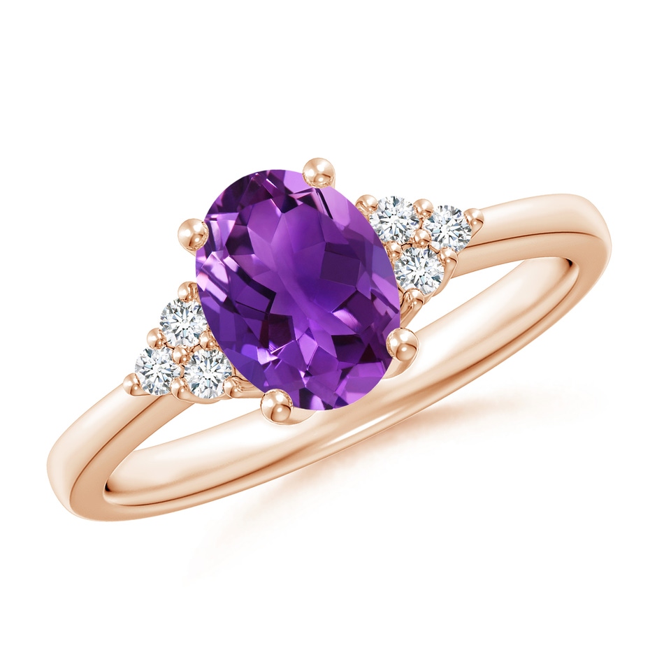 8x6mm AAAA Solitaire Oval Amethyst Ring with Trio Diamond Accents in Rose Gold 