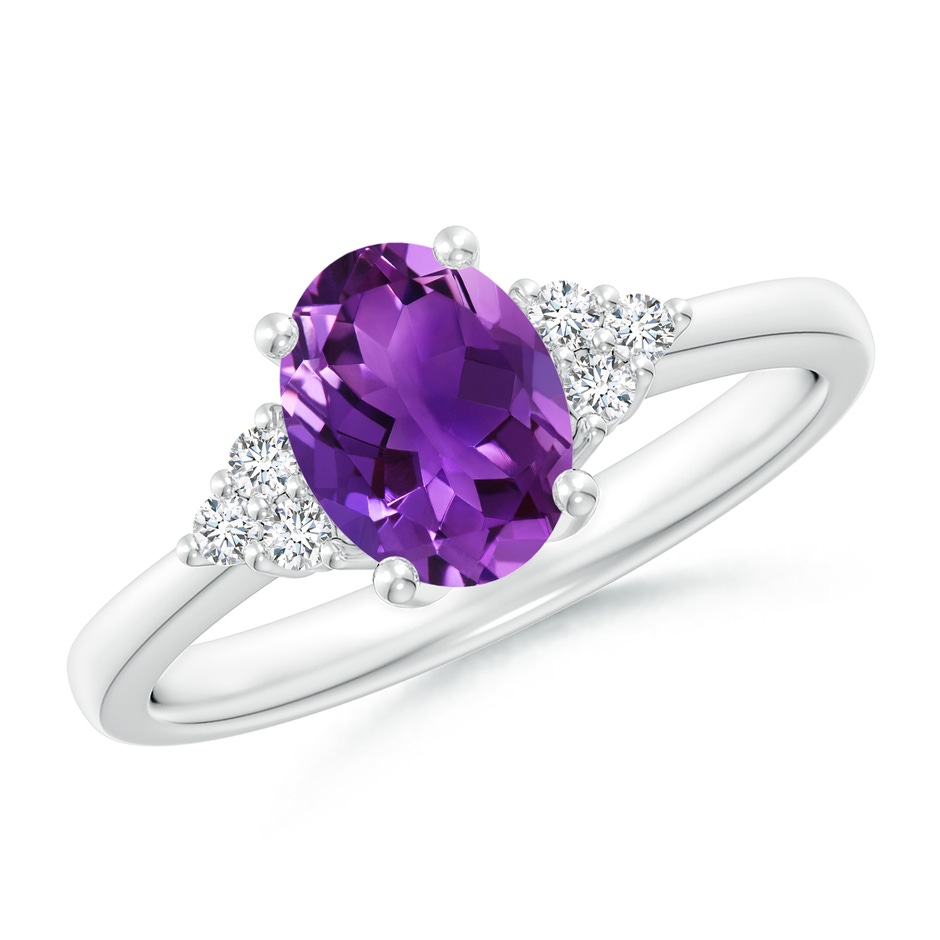 8x6mm AAAA Solitaire Oval Amethyst Ring with Trio Diamond Accents in White Gold 